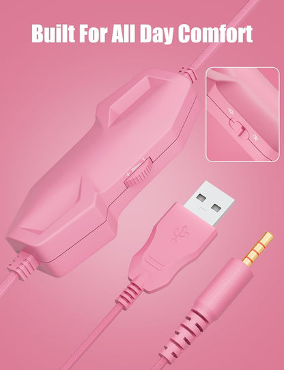 Pink Wired Gaming Headset with Detachable Cat Ears