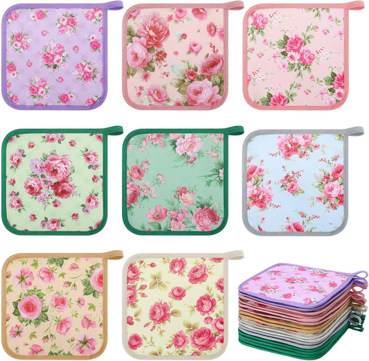 16 Pcs Floral Pot Holder for Kitchen Cute Heat Resistant Hot Pads Square Cottage Oven Mitt Pink Rose Flower Potholders Housewarming Decoration Gift for Baking Cooking BBQ Accessories