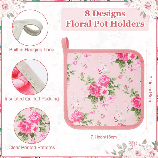 16 Pcs Floral Pot Holder for Kitchen Cute Heat Resistant Hot Pads Square Cottage Oven Mitt Pink Rose Flower Potholders Housewarming Decoration Gift for Baking Cooking BBQ Accessories