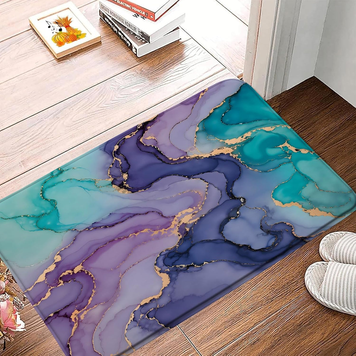 Purple Pink Turquoise Marble Bath Mat Abstract Modern Texture Gold Stripes Luxury Watercolor Ink Art Print Memory Foam Doormat Kitchen Bathroom Rugs,17.7"x29.5"