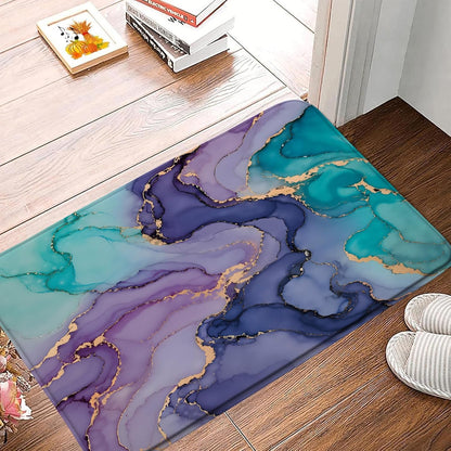 Purple Pink Turquoise Marble Bath Mat Abstract Modern Texture Gold Stripes Luxury Watercolor Ink Art Print Memory Foam Doormat Kitchen Bathroom Rugs,17.7"x29.5"