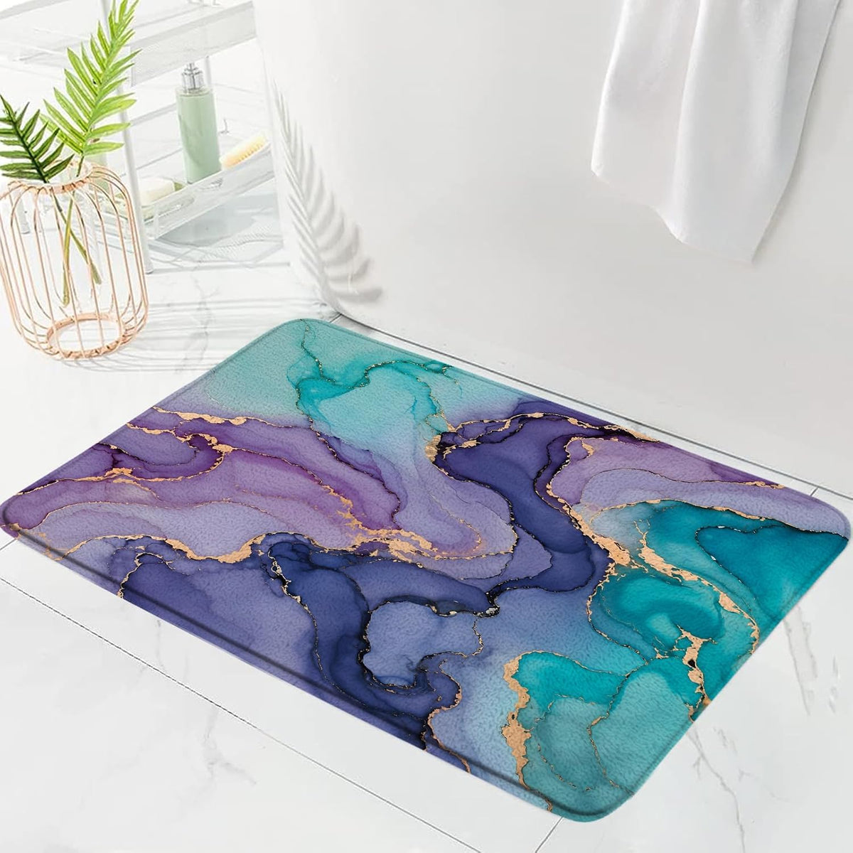 Purple Pink Turquoise Marble Bath Mat Abstract Modern Texture Gold Stripes Luxury Watercolor Ink Art Print Memory Foam Doormat Kitchen Bathroom Rugs,17.7"x29.5"