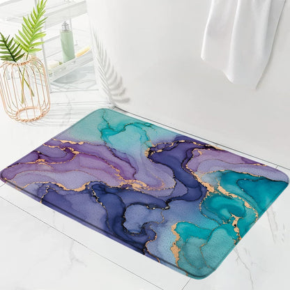 Purple Pink Turquoise Marble Bath Mat Abstract Modern Texture Gold Stripes Luxury Watercolor Ink Art Print Memory Foam Doormat Kitchen Bathroom Rugs,17.7"x29.5"