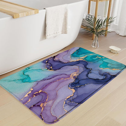 Purple Pink Turquoise Marble Bath Mat Abstract Modern Texture Gold Stripes Luxury Watercolor Ink Art Print Memory Foam Doormat Kitchen Bathroom Rugs,17.7"x29.5"