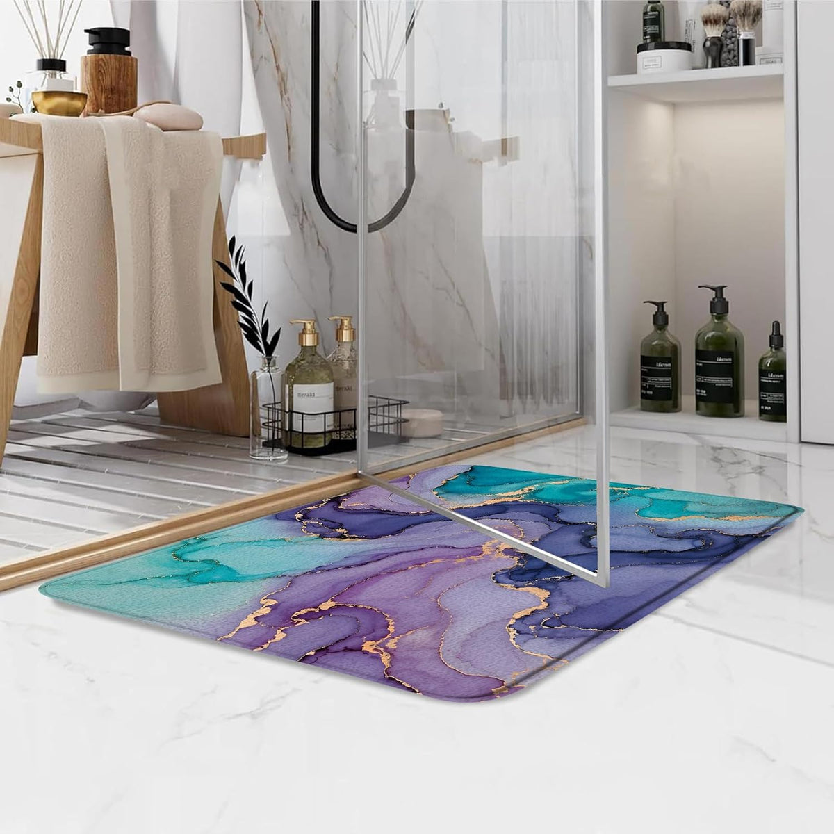 Purple Pink Turquoise Marble Bath Mat Abstract Modern Texture Gold Stripes Luxury Watercolor Ink Art Print Memory Foam Doormat Kitchen Bathroom Rugs,17.7"x29.5"