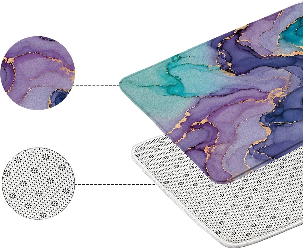 Purple Pink Turquoise Marble Bath Mat Abstract Modern Texture Gold Stripes Luxury Watercolor Ink Art Print Memory Foam Doormat Kitchen Bathroom Rugs,17.7"x29.5"