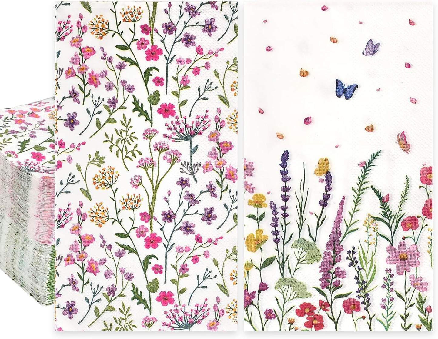 100Pcs Wildflower Paper Napkins, 2-Ply Decorative Floral Butterfly Guest Dinner Napkins Disposable Bathroom Hand Towels for Spring Birthday Tea Party Wedding Wildflower Party Decorations