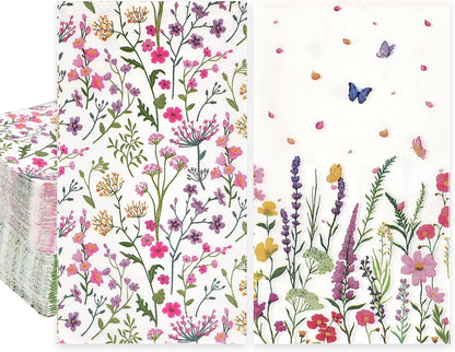 100Pcs Wildflower Paper Napkins, 2-Ply Decorative Floral Butterfly Guest Dinner Napkins Disposable Bathroom Hand Towels for Spring Birthday Tea Party Wedding Wildflower Party Decorations