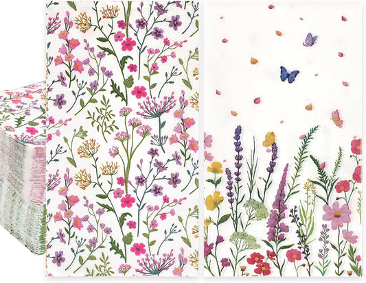 100Pcs Wildflower Paper Napkins, 2-Ply Decorative Floral Butterfly Guest Dinner Napkins Disposable Bathroom Hand Towels for Spring Birthday Tea Party Wedding Wildflower Party Decorations