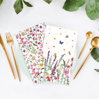 100Pcs Wildflower Paper Napkins, 2-Ply Decorative Floral Butterfly Guest Dinner Napkins Disposable Bathroom Hand Towels for Spring Birthday Tea Party Wedding Wildflower Party Decorations