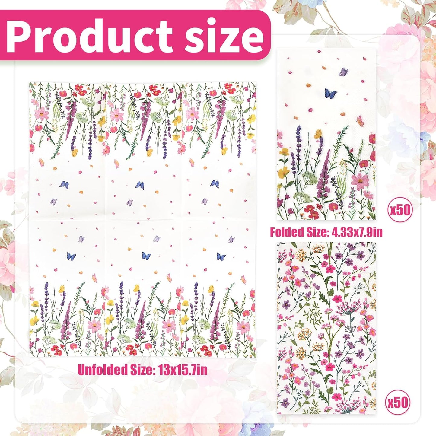 100Pcs Wildflower Paper Napkins, 2-Ply Decorative Floral Butterfly Guest Dinner Napkins Disposable Bathroom Hand Towels for Spring Birthday Tea Party Wedding Wildflower Party Decorations