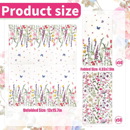 100Pcs Wildflower Paper Napkins, 2-Ply Decorative Floral Butterfly Guest Dinner Napkins Disposable Bathroom Hand Towels for Spring Birthday Tea Party Wedding Wildflower Party Decorations