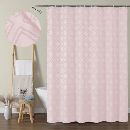 Blush Shower Curtain Set, Jacquard Geometric Textured Fabric Boho Shower Curtain for Bathroom, Soft Hotel Style Farmhouse Shower Curtains Grommet Top 12 Hooks, Machine Washable, 72x72, Blush