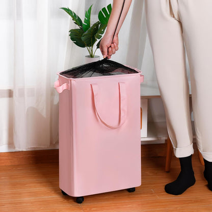 Slim Laundry Hamper with Wheels, Rolling Laundry Basket for Clothes, Small Laundry Basket for Bedroom, Dorm and Laundry Room, 60L (12.7 Gallons) Pink