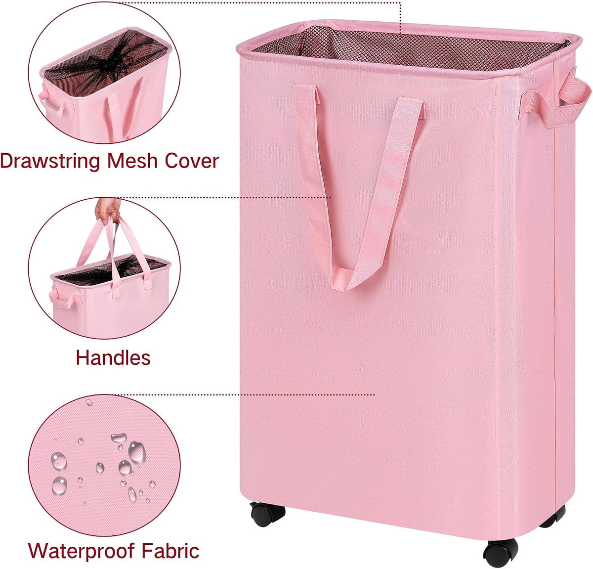 Slim Laundry Hamper with Wheels, Rolling Laundry Basket for Clothes, Small Laundry Basket for Bedroom, Dorm and Laundry Room, 60L (12.7 Gallons) Pink