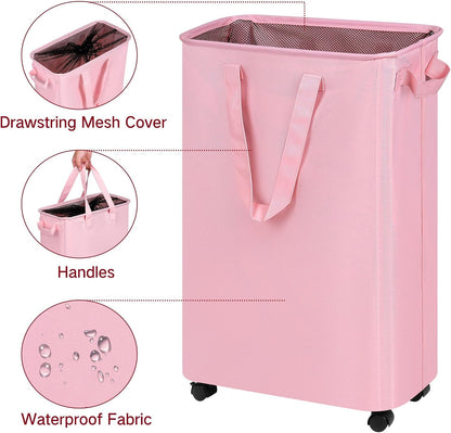 Slim Laundry Hamper with Wheels, Rolling Laundry Basket for Clothes, Small Laundry Basket for Bedroom, Dorm and Laundry Room, 60L (12.7 Gallons) Pink
