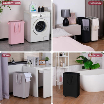 Slim Laundry Hamper with Wheels, Rolling Laundry Basket for Clothes, Small Laundry Basket for Bedroom, Dorm and Laundry Room, 60L (12.7 Gallons) Pink