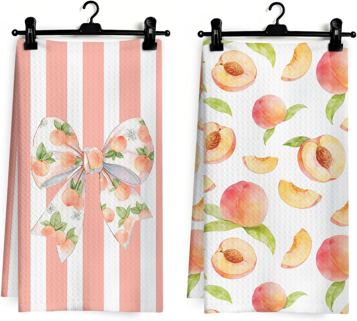 Coquette Bow Peach Kitchen Dish Towels, Peach Themed Gifts, Pink Striped Summer Fruit Bow Hand Tea Towels for Kitchen Bathroom Decor, 16x24 Inch Set of 2