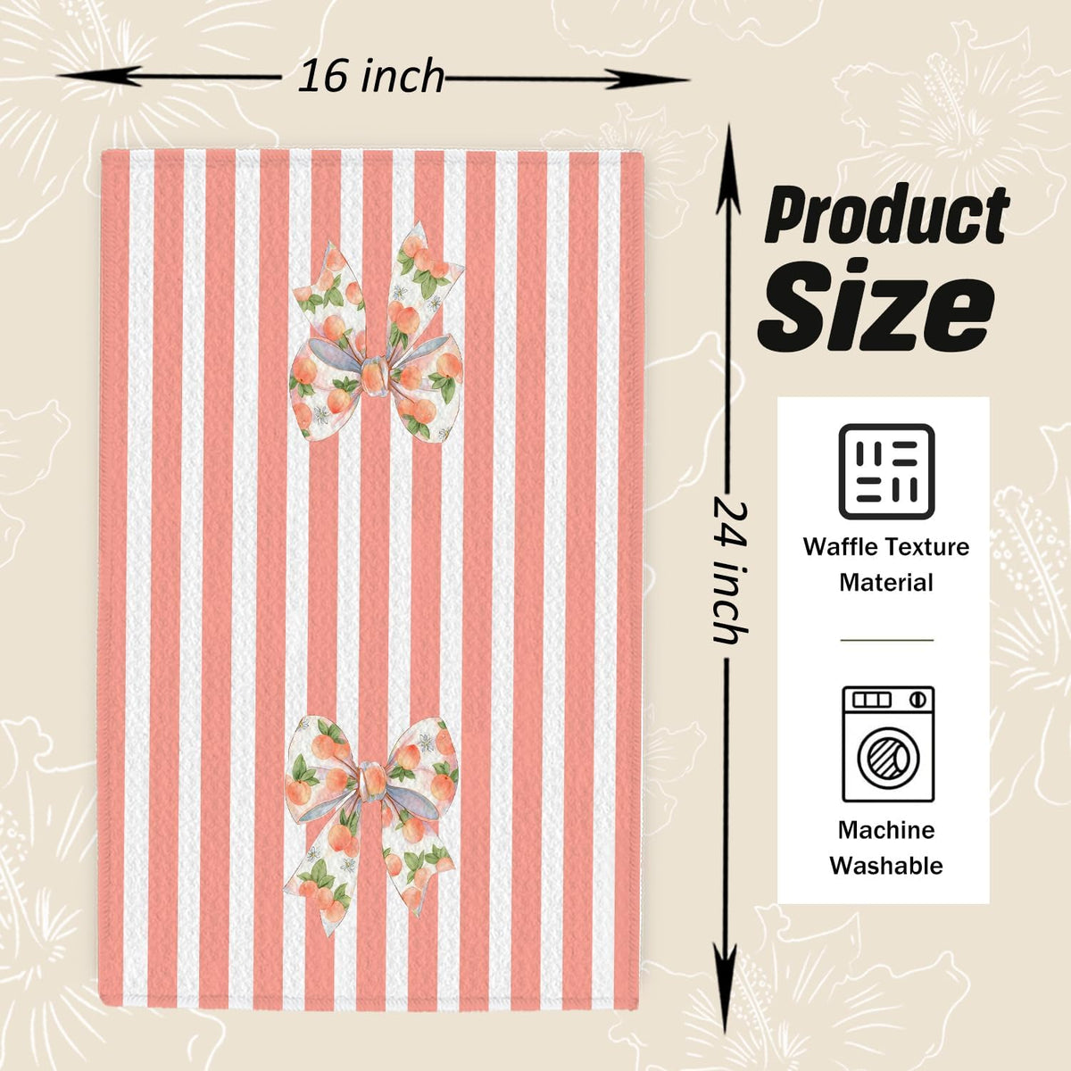 Coquette Bow Peach Kitchen Dish Towels, Peach Themed Gifts, Pink Striped Summer Fruit Bow Hand Tea Towels for Kitchen Bathroom Decor, 16x24 Inch Set of 2