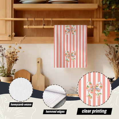 Coquette Bow Peach Kitchen Dish Towels, Peach Themed Gifts, Pink Striped Summer Fruit Bow Hand Tea Towels for Kitchen Bathroom Decor, 16x24 Inch Set of 2