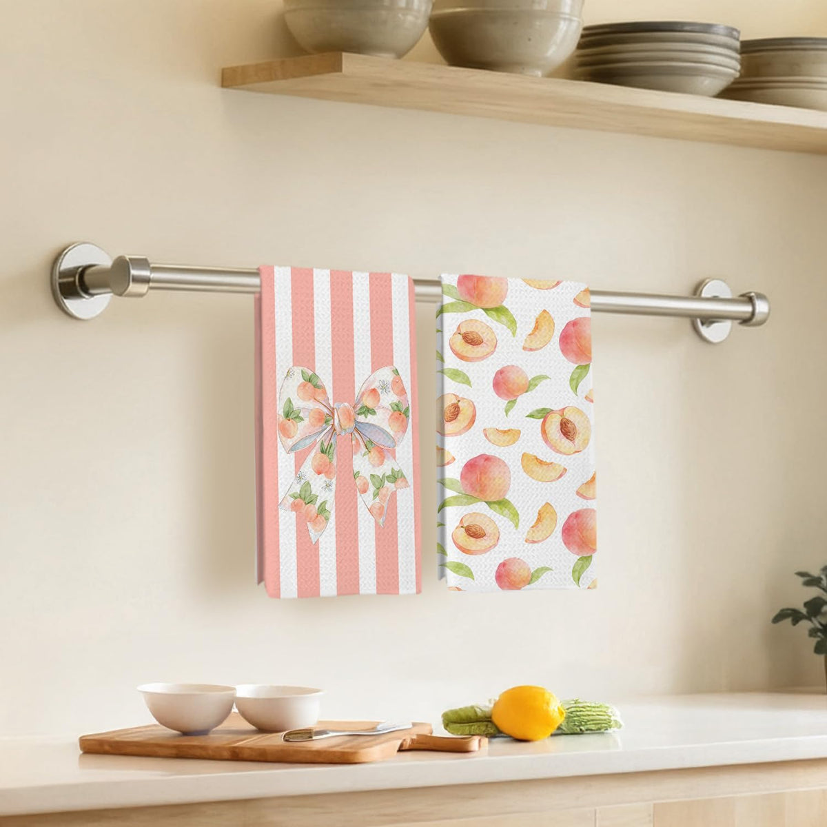 Coquette Bow Peach Kitchen Dish Towels, Peach Themed Gifts, Pink Striped Summer Fruit Bow Hand Tea Towels for Kitchen Bathroom Decor, 16x24 Inch Set of 2