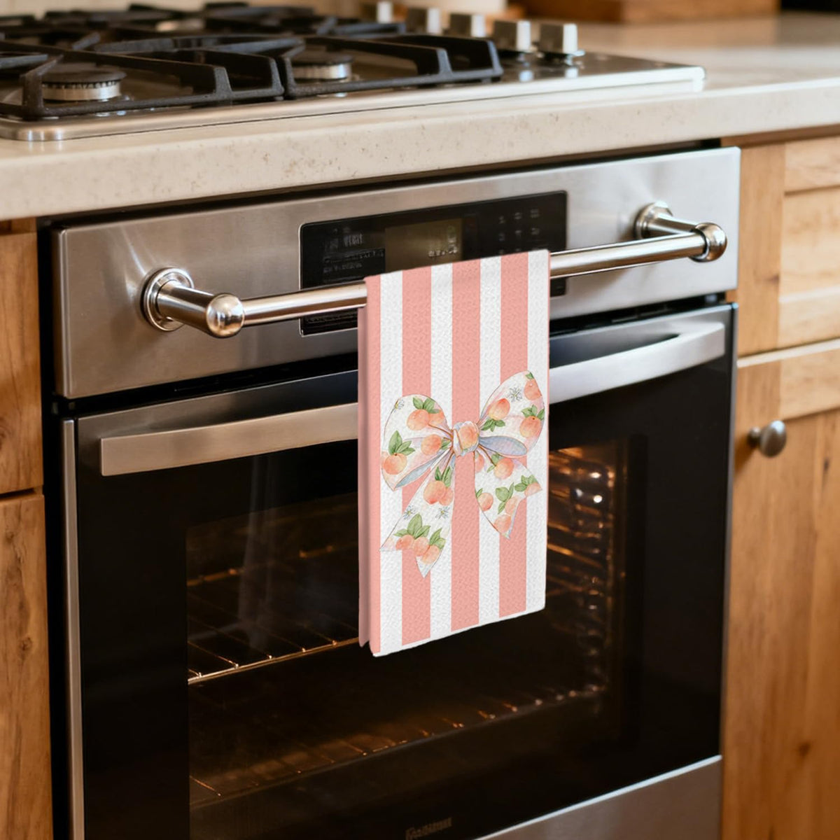Coquette Bow Peach Kitchen Dish Towels, Peach Themed Gifts, Pink Striped Summer Fruit Bow Hand Tea Towels for Kitchen Bathroom Decor, 16x24 Inch Set of 2