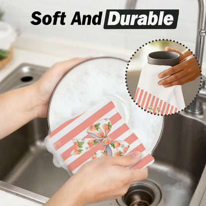 Coquette Bow Peach Kitchen Dish Towels, Peach Themed Gifts, Pink Striped Summer Fruit Bow Hand Tea Towels for Kitchen Bathroom Decor, 16x24 Inch Set of 2