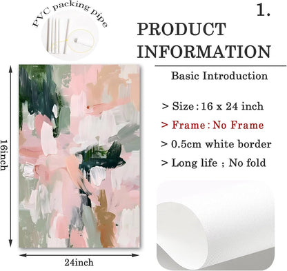 Abstract Pink Green Canvas Wall Art Colorful Abstract Pictures Pastel Pink Poster Aesthetic Watercolor Art Blush Pink Canvas Art Preppy Abstract Paintings for Living Room Girls Room 16x24inch No Frame
