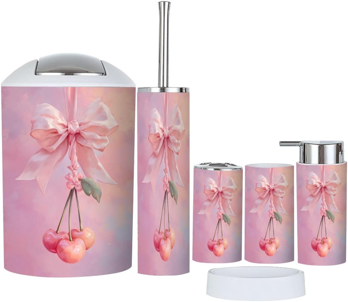 Pink Coastal Bathroom Accessories Set 6 piece Coquette Pink Bow Cherry Bow Preppy Aesthetic Cherries Plastic shatterproof Vanity Organization countertop Decor for Home, Apartment, Dorm
