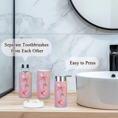 Pink Coastal Bathroom Accessories Set 6 piece Coquette Pink Bow Cherry Bow Preppy Aesthetic Cherries Plastic shatterproof Vanity Organization countertop Decor for Home, Apartment, Dorm