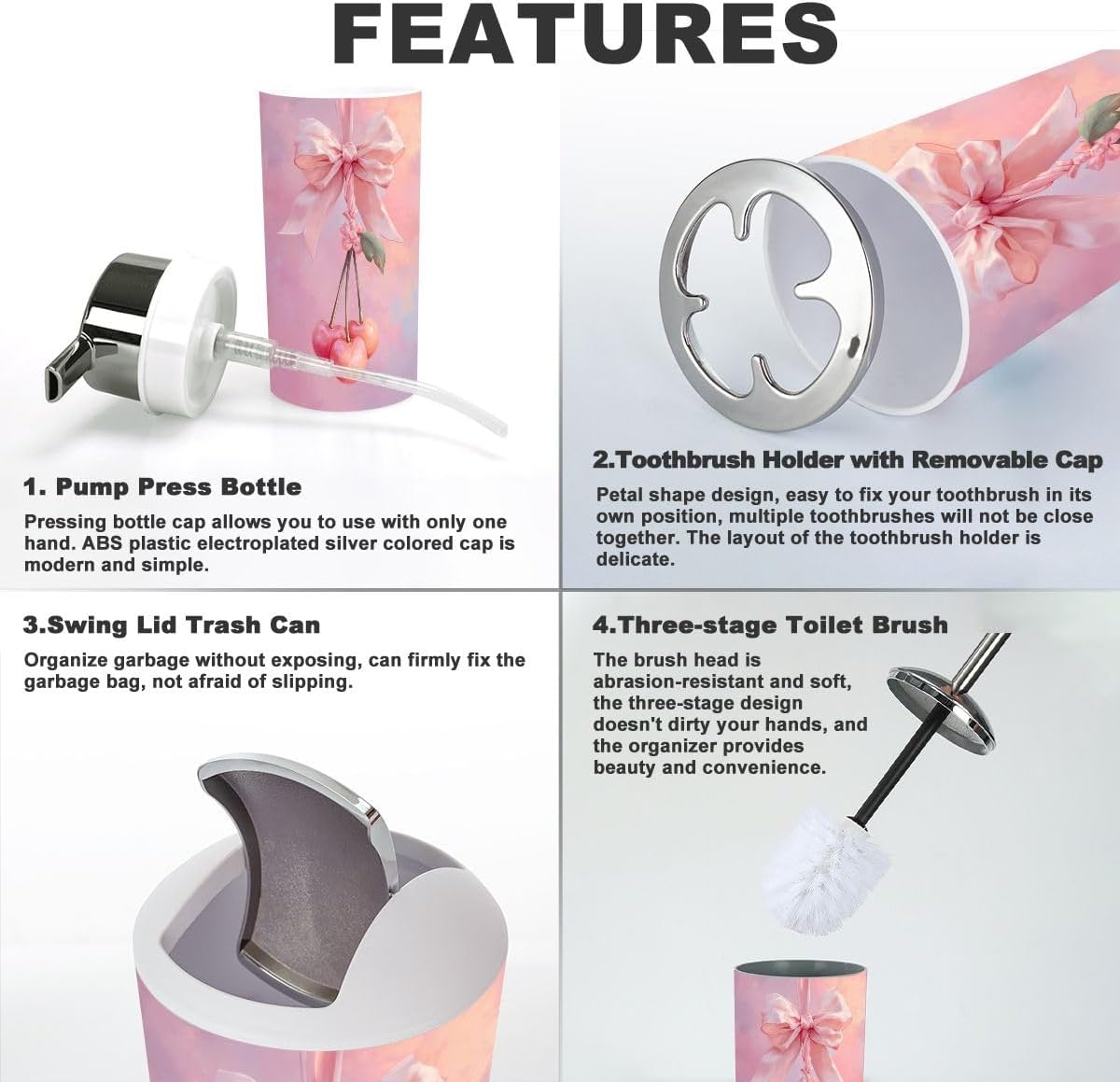Pink Coastal Bathroom Accessories Set 6 piece Coquette Pink Bow Cherry Bow Preppy Aesthetic Cherries Plastic shatterproof Vanity Organization countertop Decor for Home, Apartment, Dorm