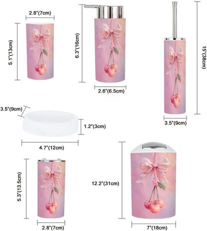 Pink Coastal Bathroom Accessories Set 6 piece Coquette Pink Bow Cherry Bow Preppy Aesthetic Cherries Plastic shatterproof Vanity Organization countertop Decor for Home, Apartment, Dorm