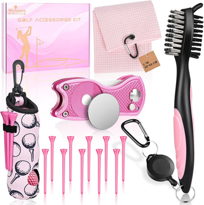 15 Pcs Golf Accessories Kit, Includes Cleaner Brush Towel Tees Golf Ball Bag with Hook Divot Tool with Ball Marker, Golf Essentials Kit for Women Man Gifts