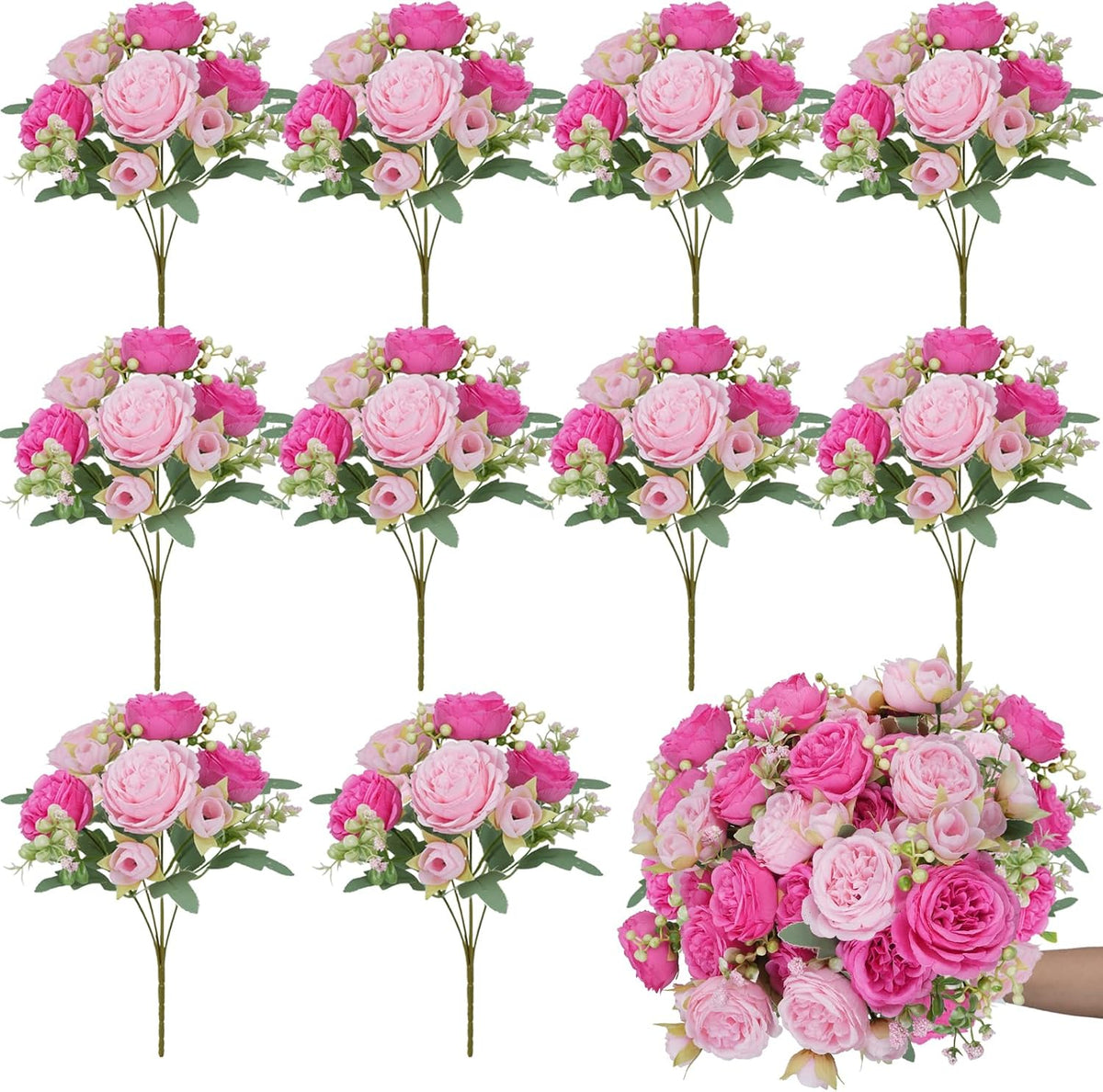 10 Bundles Peonies Artificial Flowers, Pink Silk Peony Flower Bulk