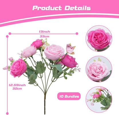 10 Bundles Peonies Artificial Flowers, Pink Silk Peony Flower Bulk