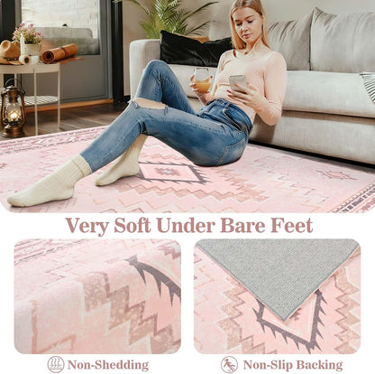 Pink Rug 2x3 Non Slip, Western Washable Rug Low-Pile