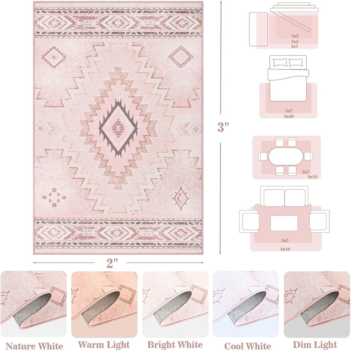 Pink Rug 2x3 Non Slip, Western Washable Rug Low-Pile
