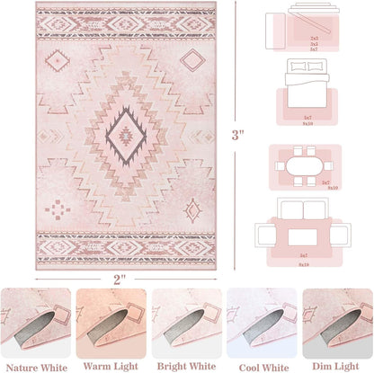 Pink Rug 2x3 Non Slip, Western Washable Rug Low-Pile