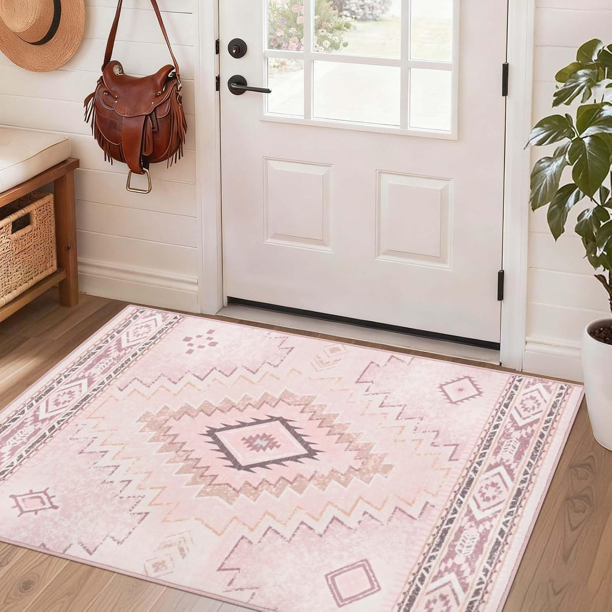 Pink Rug 2x3 Non Slip, Western Washable Rug Low-Pile