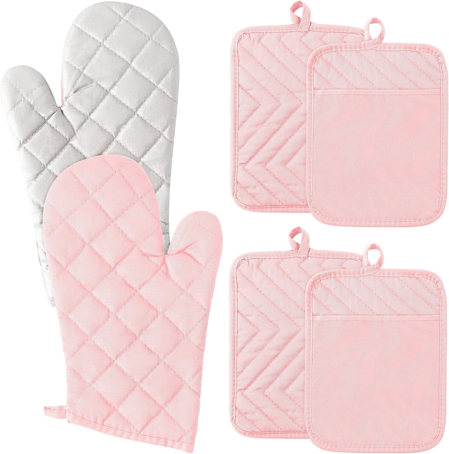 6Pcs Cotton Oven Mitts and Pot Holders Set Heat Resistant Hot Pads Durable Pocket Pot Holder Machine Washable BBQ Gloves with Hanging Loop for Safe Kitchen Baking Cooking Grilling Pink