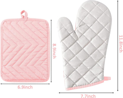 6Pcs Cotton Oven Mitts and Pot Holders Set Heat Resistant Hot Pads Durable Pocket Pot Holder Machine Washable BBQ Gloves with Hanging Loop for Safe Kitchen Baking Cooking Grilling Pink
