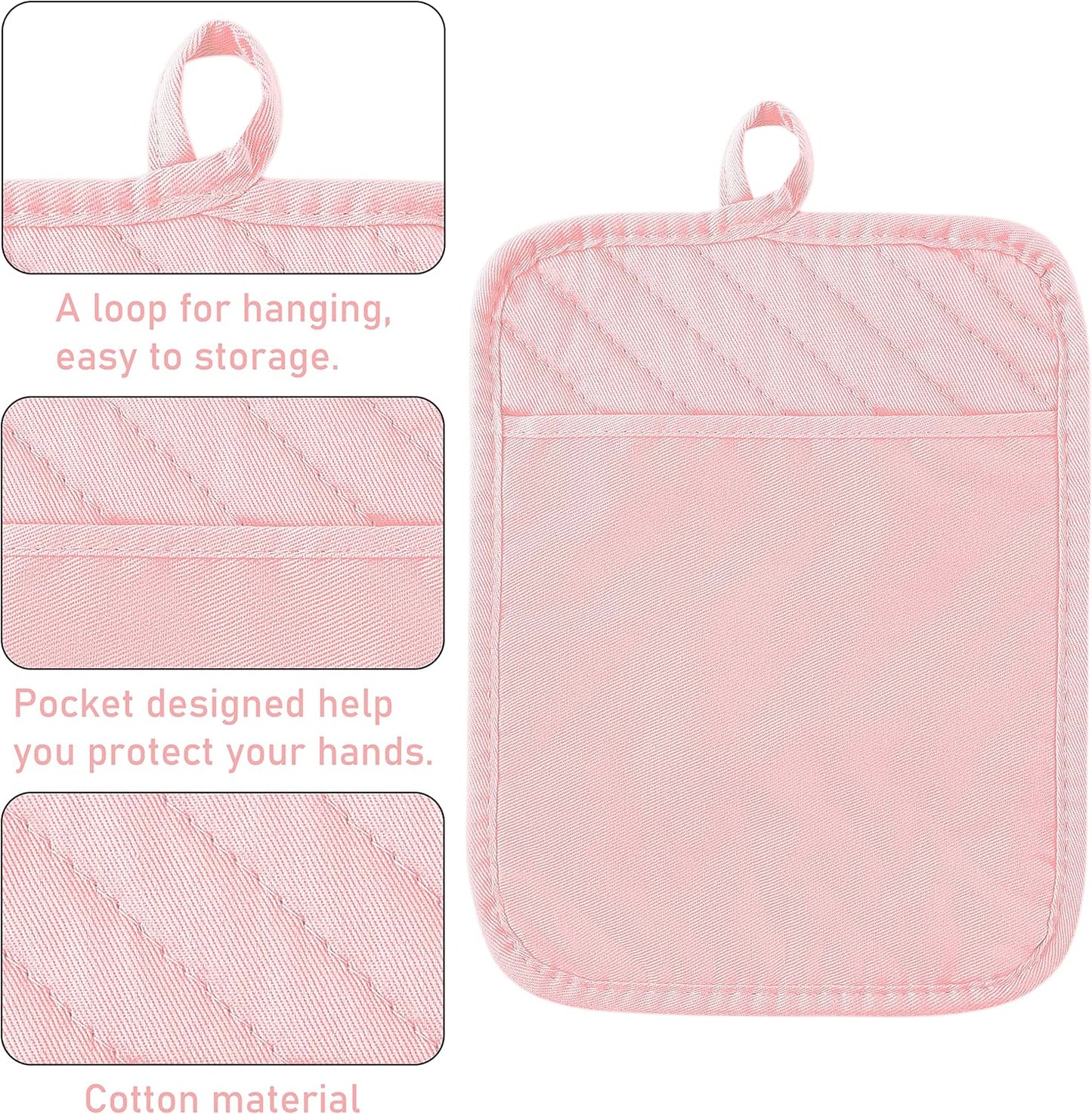 6Pcs Cotton Oven Mitts and Pot Holders Set Heat Resistant Hot Pads Durable Pocket Pot Holder Machine Washable BBQ Gloves with Hanging Loop for Safe Kitchen Baking Cooking Grilling Pink
