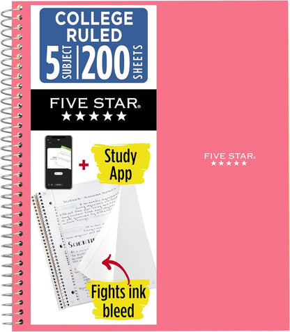 Spiral Notebook + Study App, 5 Subject, College Ruled Paper, 8-1/2" x 11", 200 Sheets, Fights Ink Bleed, Water Resistant Cover, Prom Pink (820004R)