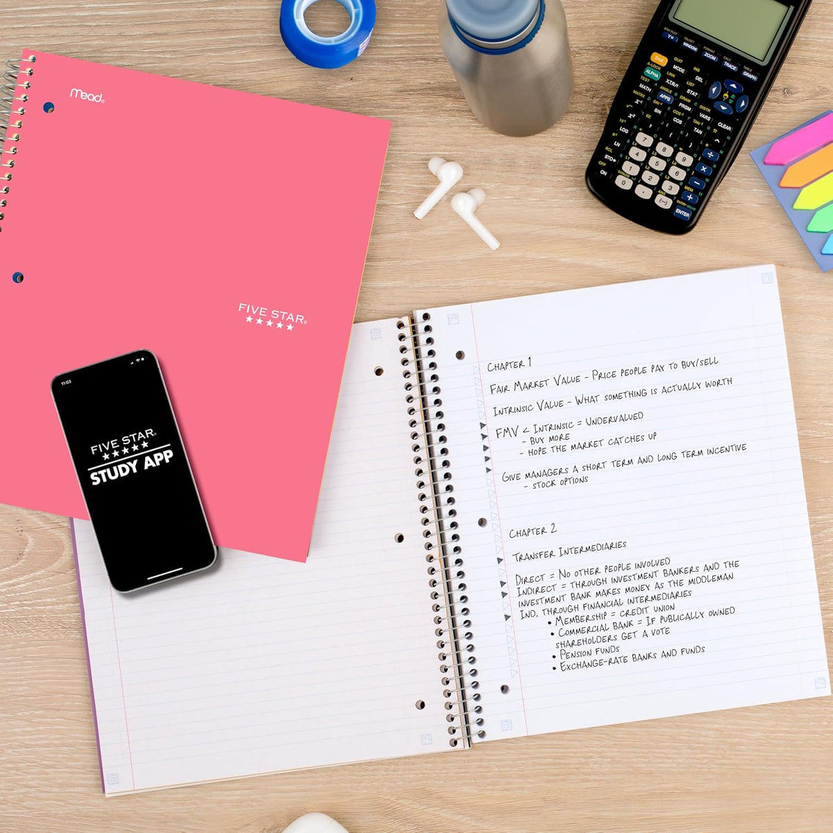 Spiral Notebook + Study App, 5 Subject, College Ruled Paper, 8-1/2" x 11", 200 Sheets, Fights Ink Bleed, Water Resistant Cover, Prom Pink (820004R)