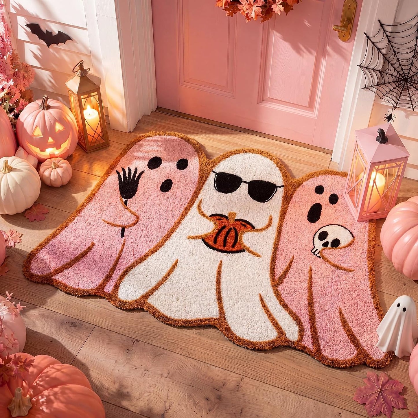 Pink Halloween Ghost Doormat 30x17 Inch, Cute Halloween Welcome Mat