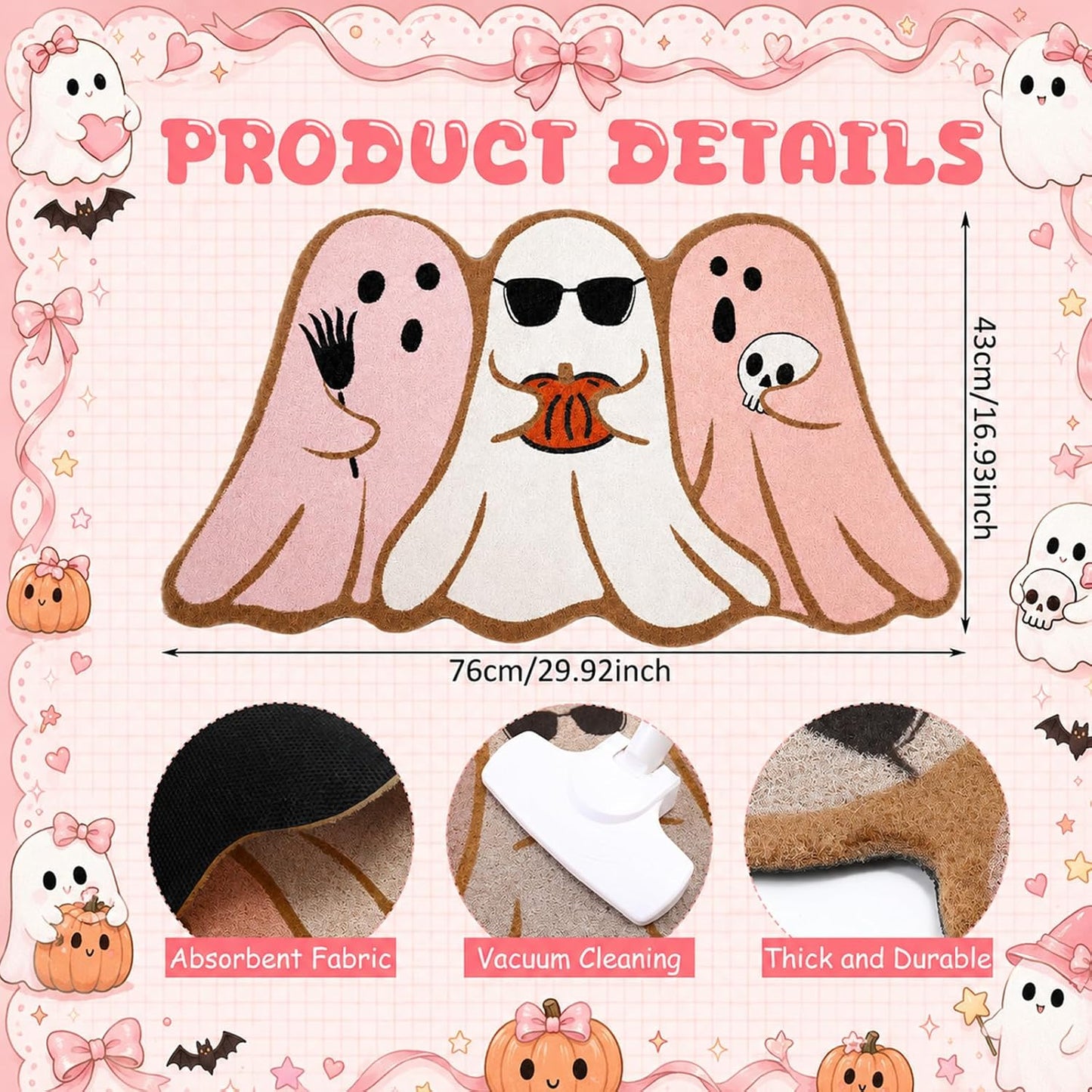 Pink Halloween Ghost Doormat 30x17 Inch, Cute Halloween Welcome Mat