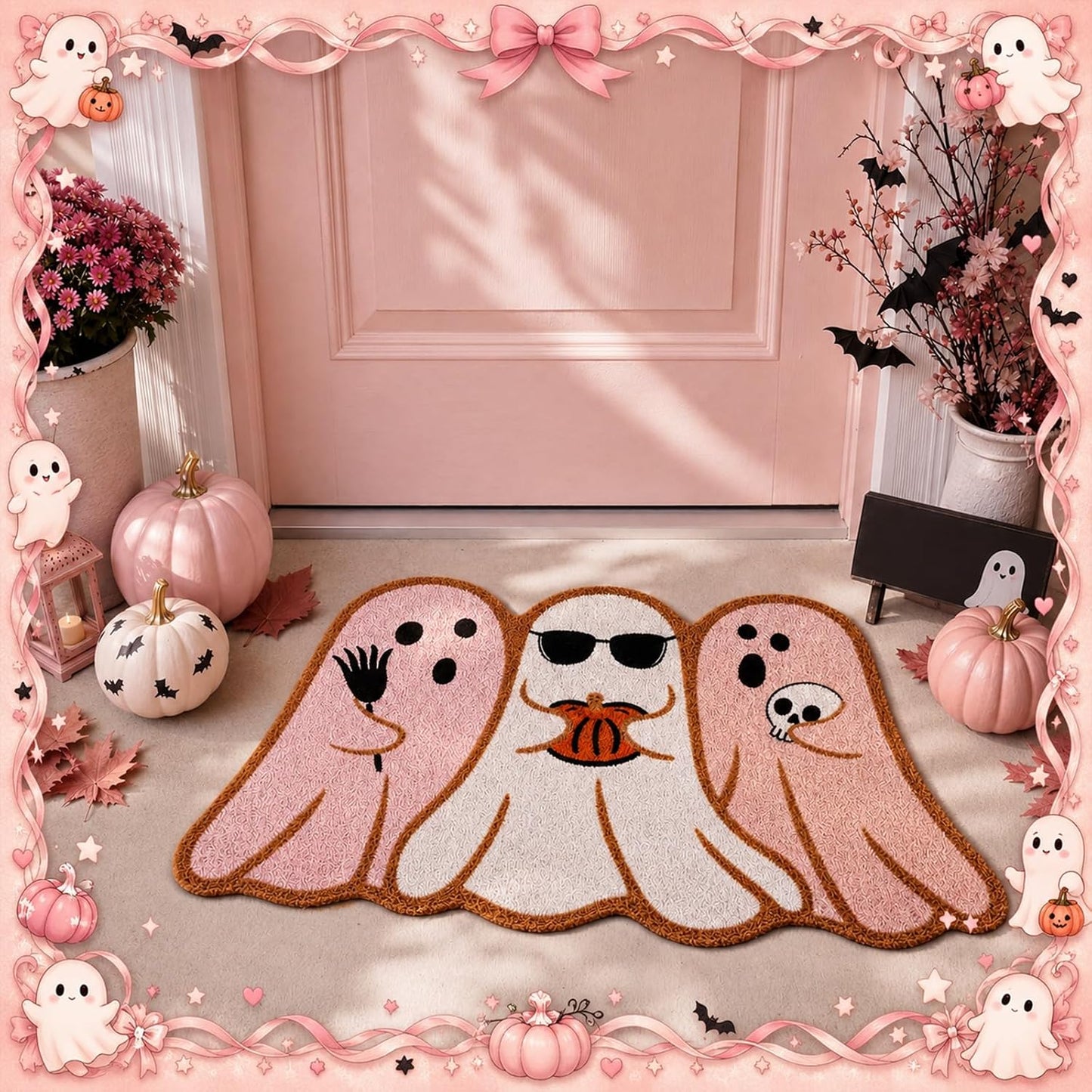 Pink Halloween Ghost Doormat 30x17 Inch, Cute Halloween Welcome Mat