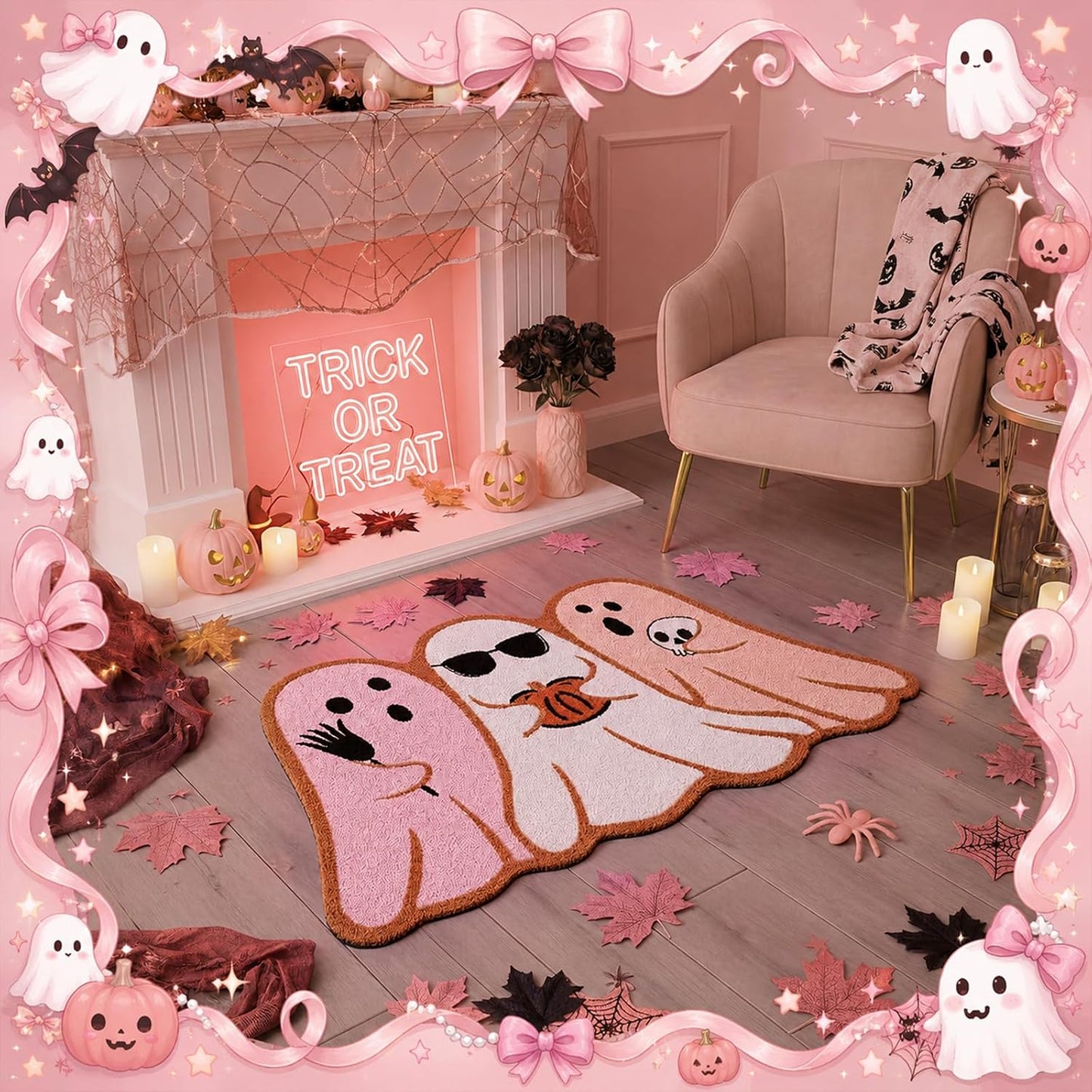 Pink Halloween Ghost Doormat 30x17 Inch, Cute Halloween Welcome Mat