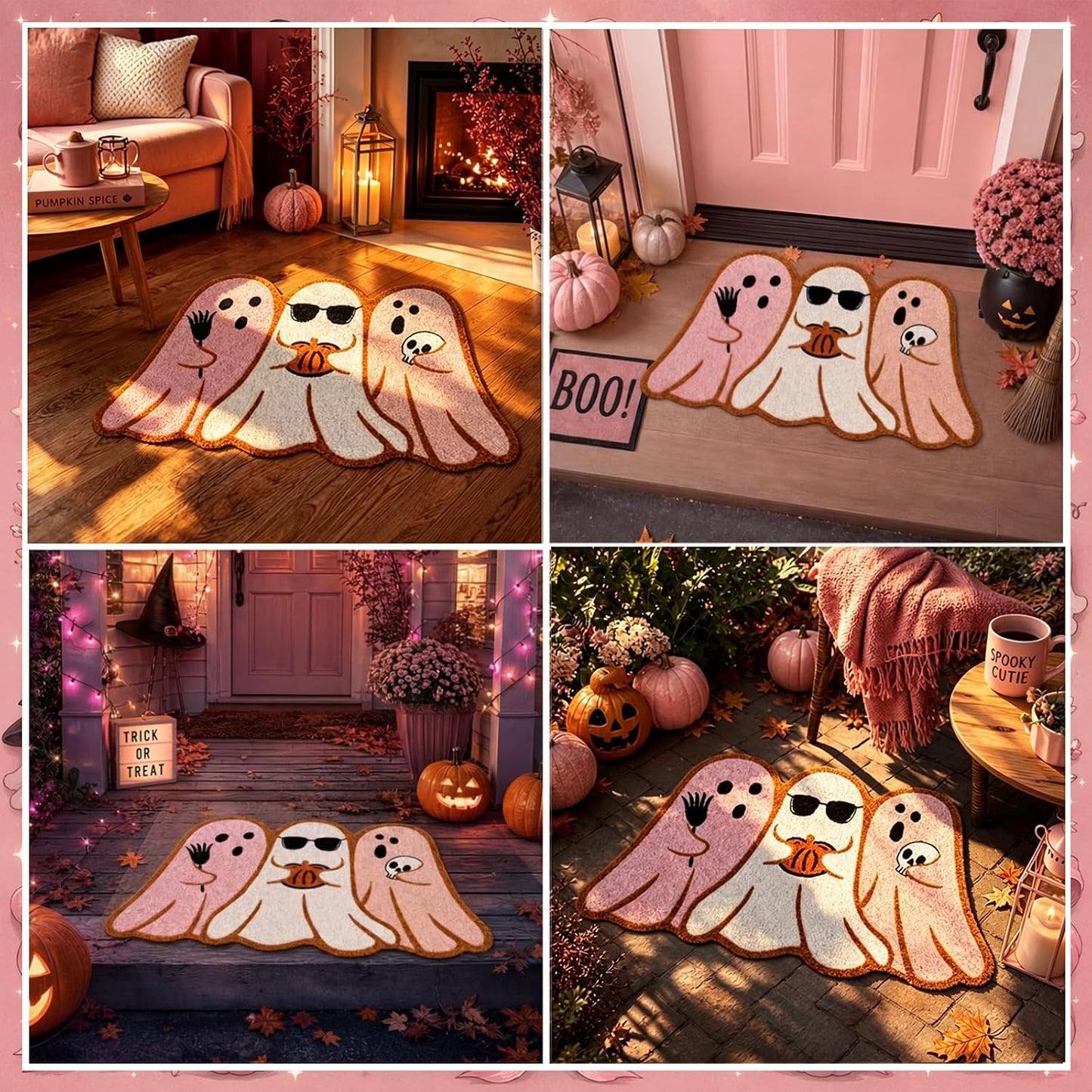 Pink Halloween Ghost Doormat 30x17 Inch, Cute Halloween Welcome Mat