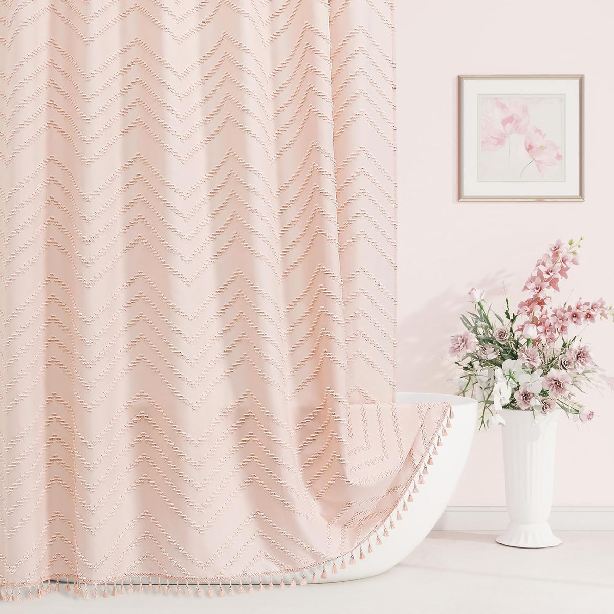 Boho Farmhouse Woven Fabric Shower Curtain, Light Pink Tufted Chevron Stripes Textured Minimalist Design with Tassels, Water-Repellent Bathroom Decor for Home or Hotel, 72 x 72
